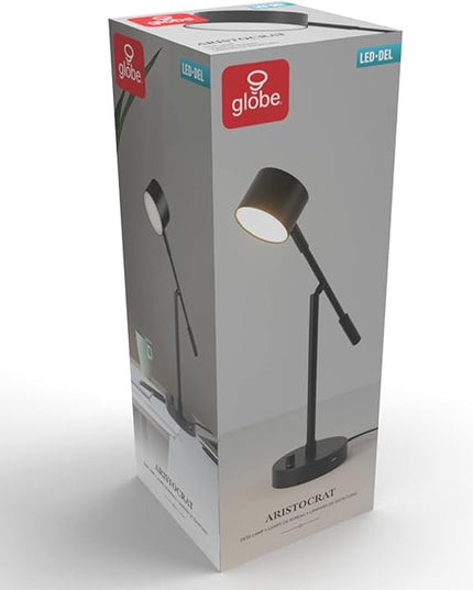 Globe Electric 52271 Aristocrat 16" Integrated LED Swing Arm Desk Lamp, Matte Black, Dimmable On/Off Rotary Switch at Base, 2.1A USB Port - LeafyLoom