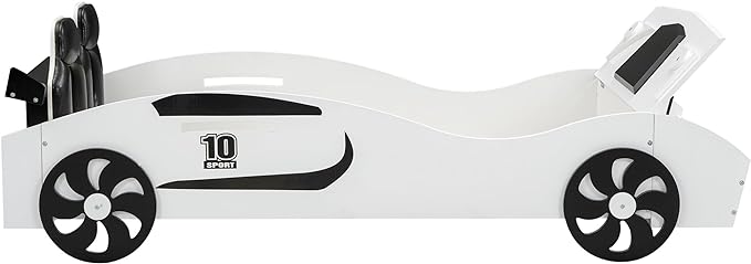 Twin Race Car-Shaped Bed with Storage Space & Upholstered Backrest,Wood Bedframe W/Safety Guardrail,Slats Support,No Box Spring Required,Fun Play for Boys Kids Toddlers Child's Bedroom,White - LeafyLoom