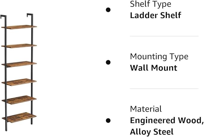 VASAGLE Industrial Ladder Shelf, 6-Tier Bookshelf, Wall Shelf for Living Room, Office, Kitchen, Bedroom, 23.6 x 11.8 x 80.6 Inches, Rustic Brown and Black ULLS103B01 - LeafyLoom