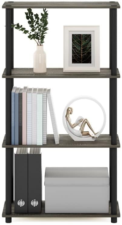 Furinno (99557GYW/BK) Turn-N-Tube 4-Tier Multipurpose Shelf Display Rack - French Oak Grey/Black - LeafyLoom