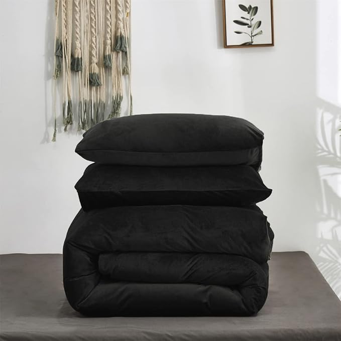 Wellboo Black Velvet Comforter Sets California King Solid Black Fluffy Bedding Comforters Cal King Solid Color Flannel Quilt Women Men Plain Black Comforters Micromink Sherpa Fuzzy Warm Bed Plush - LeafyLoom