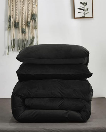 Wellboo Black Velvet Comforter Sets King Solid Black Fluffy Bedding Comforters Solid Color Flannel Quilt Women Men Plain Black Comforters Micromink Sherpa Fuzzy Warm Bed Adults Dorm Plush Bedding - LeafyLoom