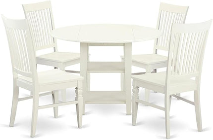 East West Furniture SUWE5-LWH-W 5 Piece Set Includes a Round Dining Room Table with Dropleaf & Shelves and 4 Kitchen Chairs, 42x42 Inch, Linen White - LeafyLoom