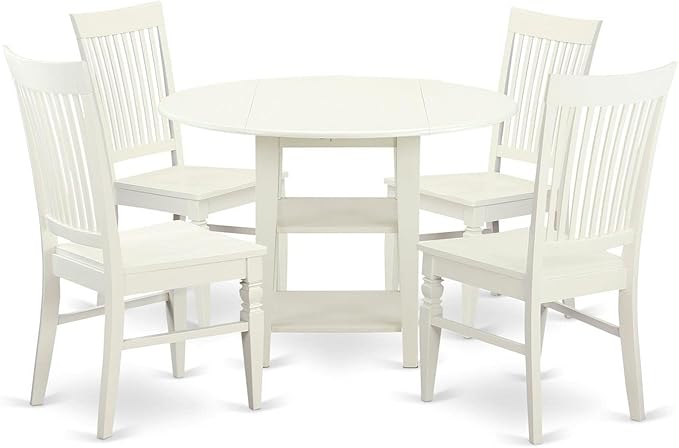East West Furniture SUWE5-LWH-W 5 Piece Set Includes a Round Dining Room Table with Dropleaf & Shelves and 4 Kitchen Chairs, 42x42 Inch, Linen White - LeafyLoom