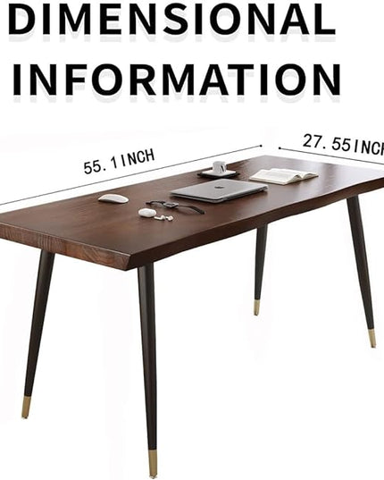Modern Simple Style 55" Standing Desk Study Computer Desk - Black Metal Frame, Solid Wood Planks, for Home Office Bedroom - LeafyLoom