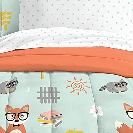 dream FACTORY Kids 5-Piece Complete Set Easy-Wash Super Soft Microfiber Comforter Bedding, Twin, Green Woodland Friends - LeafyLoom