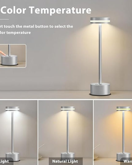 Cordless Metal Desk Lamp,Portable LED Table Lamp with Touch Sensor,3 Color Rechargeable Lamp,3-Levels Brightness Lamp,Night Light for Kids Nursery,Bedside Lamp,Dining Room Lamp (Silver) - LeafyLoom