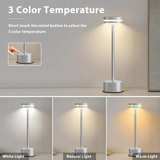 Cordless Metal Desk Lamp,Portable LED Table Lamp with Touch Sensor,3 Color Rechargeable Lamp,3-Levels Brightness Lamp,Night Light for Kids Nursery,Bedside Lamp,Dining Room Lamp (Silver) - LeafyLoom