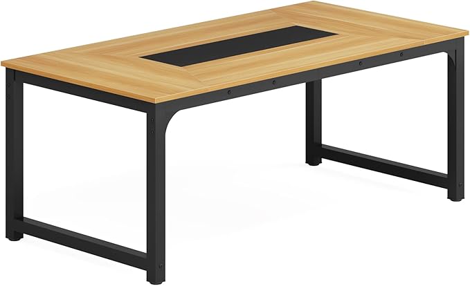70.9 Inch Large Dining Table Rectangular Kitchen Furniture for 6 to 8 People, Walnut+Black - LeafyLoom