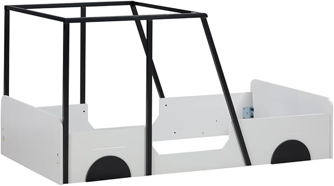Toddler Twin Size Car Bed with Roof & Door,Wooden Car-Shaped Floor Bedframe W/Safety Guardrail,Racecar Design,Easy Assembly,Montessori Inspired Bedroom Furniture for Boys Kids Teens,Black - LeafyLoom