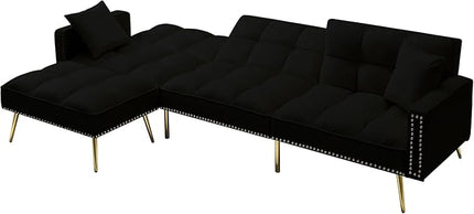L-Shaped Living Room Furniture Sets Velvet Upholstery Tufted Corner Sectional Sofa Convertible Sleeper Couch Bed with Reversible Chaise Movable Ottoman & Nailhead Decor for Home Apartment - Beige - LeafyLoom