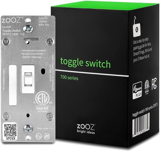Zooz 700 Series Z-Wave Plus On/Off Toggle Switch ZEN73, White | Direct 3-Way (No Add-On Switch Needed) | Z-Wave Hub Required ZOOZ