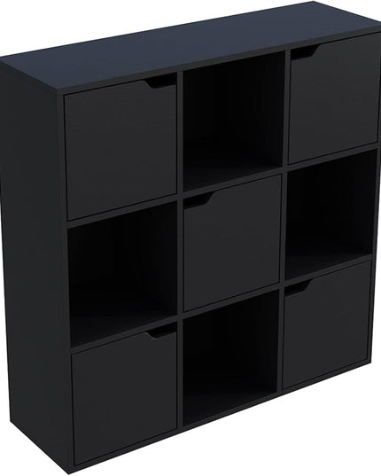 9-Cube Storage Shelf Bookcase - Wooden 3-Tier Floor Standing Open Bookshelf with Doors for Home and Office, Display Cabinet, Black - LeafyLoom