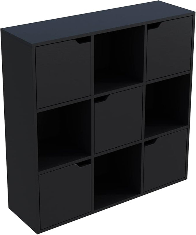 9-Cube Storage Shelf Bookcase - Wooden 3-Tier Floor Standing Open Bookshelf with Doors for Home and Office, Display Cabinet, Black - LeafyLoom