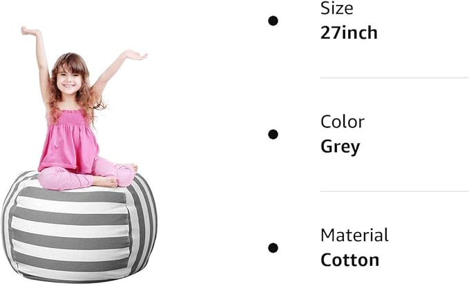 27Inch Stuffed Animal Storage Bean Bag Chairs for Kids Room, Stuff and Sit Storage Bean Bag Cover for Organizing Boys and Girls Plush Toy for Kids—Gray - LeafyLoom