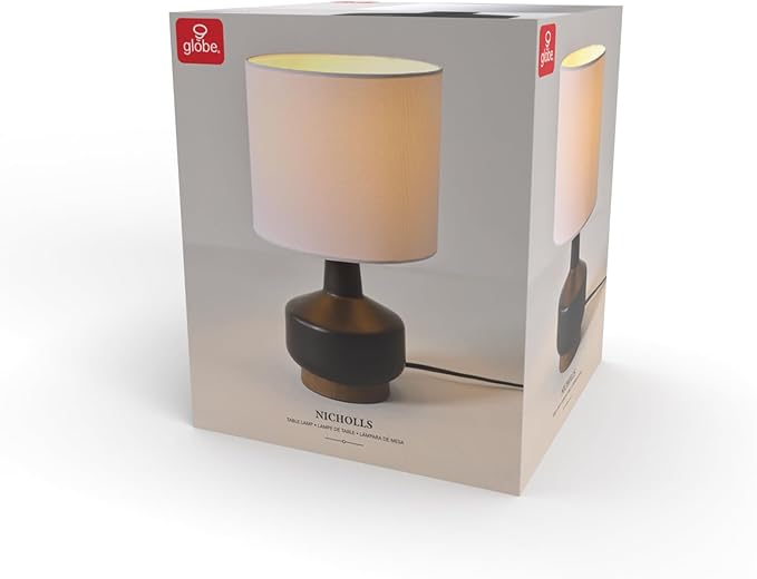 Globe Electric 61000046 15" Ceramic Table Lamp, Matte Black, Wood Toned Base, White Linen Shade, On/Off Rotary Switch on Socket, Living Room, Home Décor, Bedroom - LeafyLoom