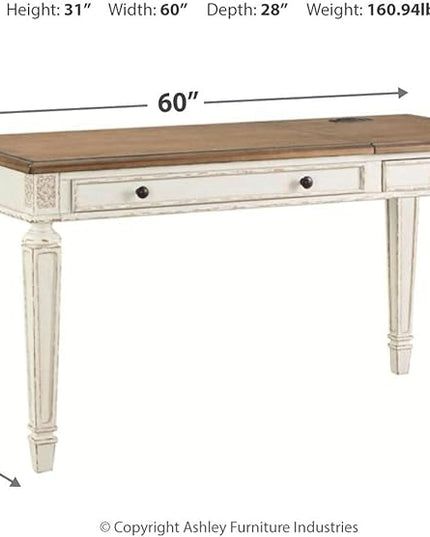 Signature Design by Ashley Realyn French Country 60" Home Office Lift Top Desk with USB Charging, Chipped White - LeafyLoom