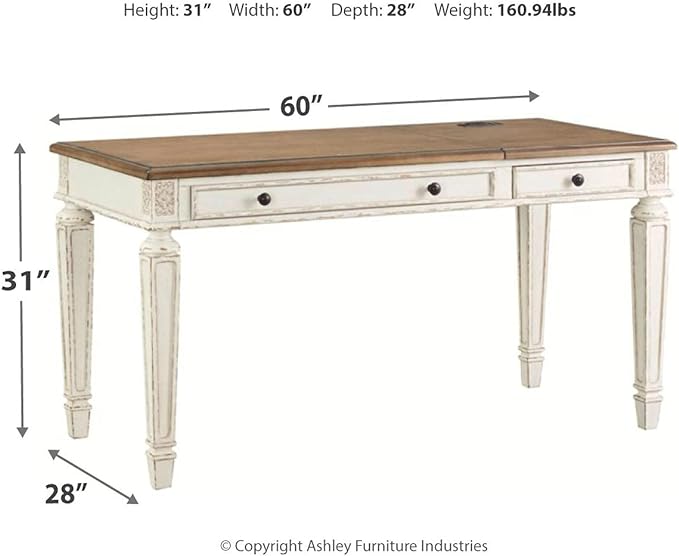 Signature Design by Ashley Realyn French Country 60" Home Office Lift Top Desk with USB Charging, Chipped White - LeafyLoom