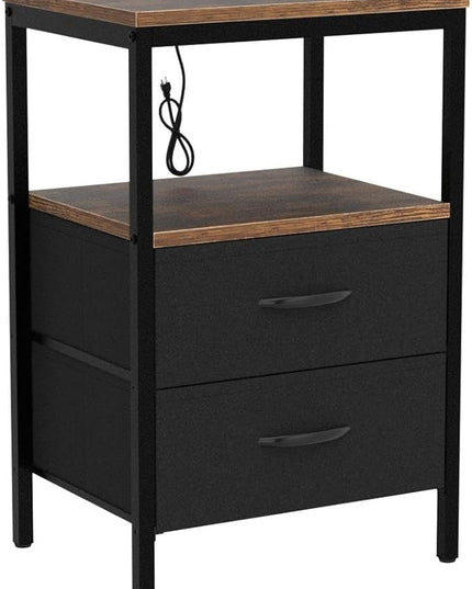 Nightstands Set of 2, End Tables with Charging Station, Side Tables with Fabric Drawers, Bedside Tables with USB Ports and Outlets, Night Stands for Bedroom, Rustic Brown and Black - LeafyLoom