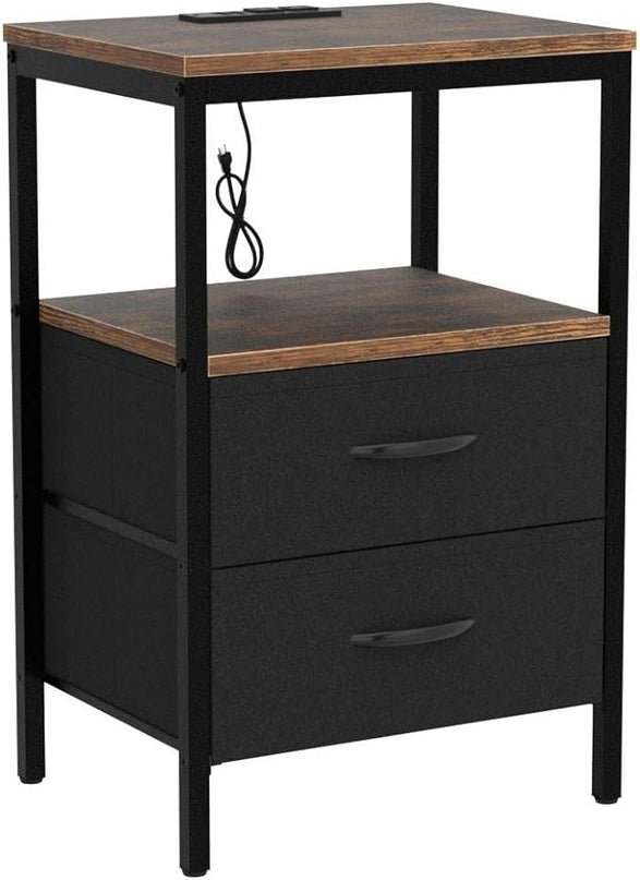 Nightstands Set of 2, End Tables with Charging Station, Side Tables with Fabric Drawers, Bedside Tables with USB Ports and Outlets, Night Stands for Bedroom, Rustic Brown and Black - LeafyLoom