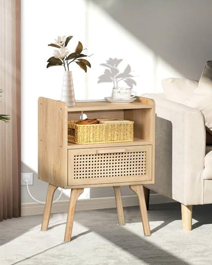 Lerliuo Rattan Nightstands Set of 2 with Charging Station, Boho Side Table with Drawer Open Shelf, Cane Accent Bedside End Table with Solid Wood Legs for Bedroom, Dorm and Small Spaces (Natural) - LeafyLoom