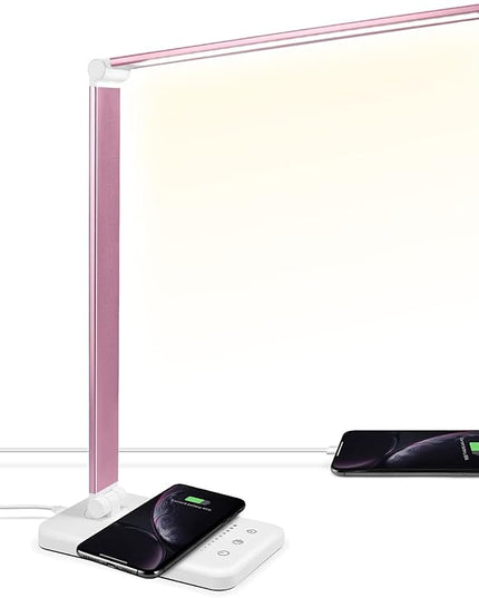 LED Desk Lamp with Wireless Charger, USB Charging Port, Desk Lighting with 10 Brightness, 5 Color Modes, Dimmable Eye Caring Reading Desk Lamps for Home Office, Touch Control, Auto Timer, Pink - LeafyLoom