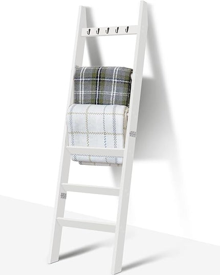 TEAKMAMA Blanket Ladder for Living Room and Bedroom, 5.4 Ft Wall Leaning Blanket Rack, Rustic Decorative Farmhouse Blanket Storage, Quilt Rack, Ladder Holder, Easy to Assemble (White) - LeafyLoom