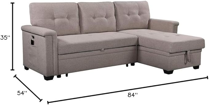 LOVMOR 84'' L-Shape Convertible Sleeper Sectional Sofa with Storage Chaise and Pull-Out Bed, Linen Upholstered Reversible Corner Couch w/USB Charger Ports and Pocket, Light Gray, 84 Inch - LeafyLoom