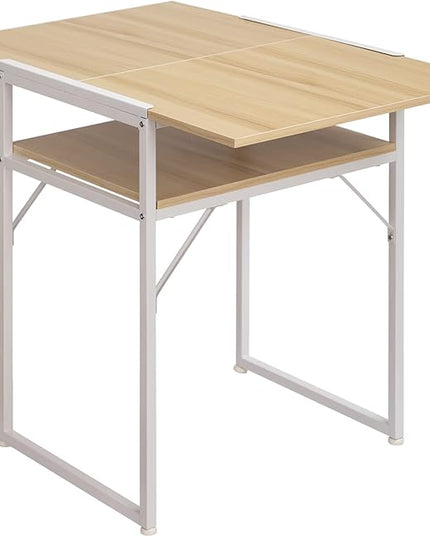 Minimalist Folding Table, Study Desk with Storage Shelf, Small Desk, Portable Computer Desk for Home, Office, Light Brown - LeafyLoom