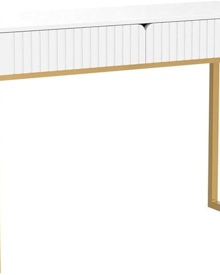 Elegant Modern Desk, 2 Drawers, Gold Legs, 43.3x15.75 inches, Home Office, Makeup Vanity, Computer, Writing, Study, Entryway, Sofa Table - LeafyLoom