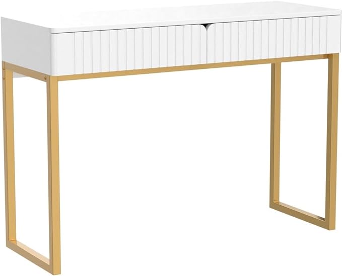 Elegant Modern Desk, 2 Drawers, Gold Legs, 43.3x15.75 inches, Home Office, Makeup Vanity, Computer, Writing, Study, Entryway, Sofa Table - LeafyLoom