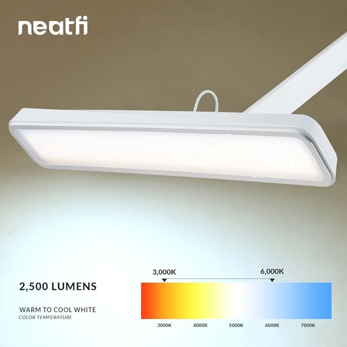 Neatfi (New Model XL 2,500 Lumens LED Task Lamp, 3 Light Modes, 3000-6000K Correlated Color Temperature, 30W Super Bright Desk Lamp, Dimmable, 162 Pcs SMD LED (CCT with Base, White) - LeafyLoom