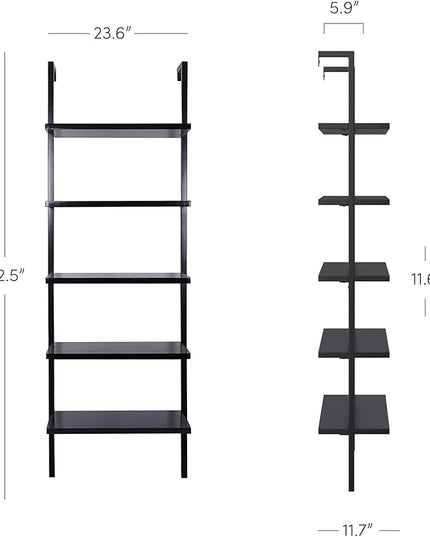 Nathan James Theo 5-Shelf Black Modern Bookcase, Open Wall Mount Ladder Bookshelf with Industrial Metal Frame - LeafyLoom