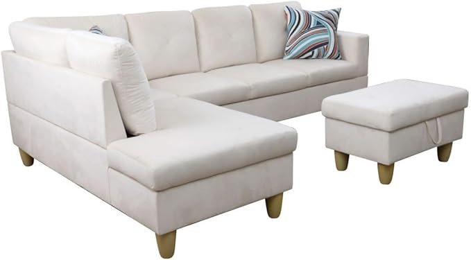 L-Shaped Sectional Couches with 66.5'' Chaise Lounge & Storage Ottoman Modular Room Sofas for Home Office Apartment, Large Living Furniture, 97'' Left Hand Facing, White Flannel - LeafyLoom