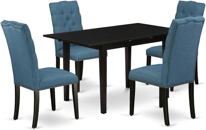 East West Furniture Norfolk 5 Piece Set includes a Rectangle Dining Room Table with Butterfly Leaf and 4 Blue Linen Fabric Upholstered Chairs, 32x54 Inch, NOEL5-BLK-21 - LeafyLoom