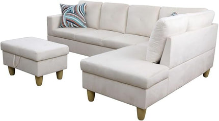 3-Piece L-Shaped Sectional Sofa Set w/Left Chaise and Storage Ottoman-Button Tufted,97" Upholstered Couch for Living Room, Home, Office, 97inch, White-1 - LeafyLoom