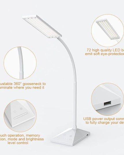 Vansuny LED Desk Lamp with USB Charging Port, Eye-Caring, 5 Color Modes,6 Brightness Levels, Touch Control, Flexible Gooseneck, Memory Function for Dorm Office Work Bedroom (12W,White) - LeafyLoom