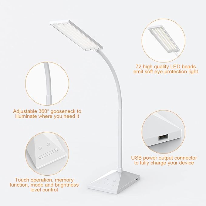 Vansuny LED Desk Lamp with USB Charging Port, Eye-Caring, 5 Color Modes,6 Brightness Levels, Touch Control, Flexible Gooseneck, Memory Function for Dorm Office Work Bedroom (12W,White) - LeafyLoom