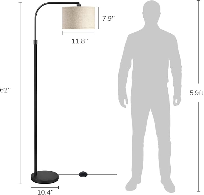 EDISHINE Modern Black Arched Floor Lamp, Metal Standing Arc Lamp with Foot Switch, Corner Reading Light with Hanging Lampshade for Living Room, Bedroom, Home Office, Study Room, Reading Corner - LeafyLoom