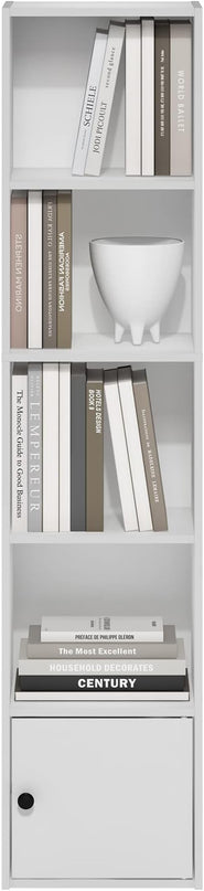 Furinno Luder Shelf Bookcase with 1 Door Storage Cabinet, White, 5-Cube with Cabinet - LeafyLoom