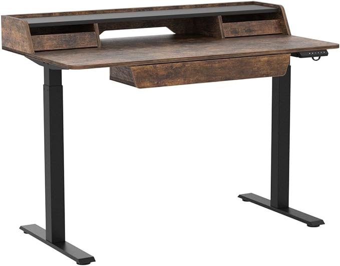 FEZIBO Standing Desk Adjustable Height with Drawers, 48 x 25 Inch Stand Up Desk with Storage Shelf, Electric Standing Desk with Storage Space, Rustic Brown Top/Black Frame - LeafyLoom