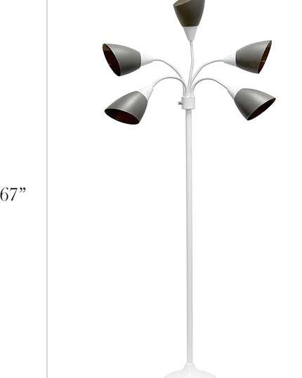 Simple Designs LF2006-GOW 67" Contemporary Multi Head Medusa 5 Light Adjustable Gooseneck White Floor Lamp with Gray Shades for Kids Bedroom Playroom Living Room Office - LeafyLoom