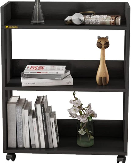 Small Bookshelf and Bookcase, 3 Tier Wood Nightstand with Wheels, Modern Bedside End Table with Storage Rack for Bedroom, Library, Living Room, Home, Office Cart, Black - LeafyLoom
