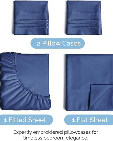 King Size 4 Piece Sheet Set - Comfy Breathable & Cooling Sheets - Hotel Luxury Bed Sheets for Women & Men - Deep Pockets, Easy-Fit, Extra Soft & Wrinkle Free Sheets - Navy Blue Oeko-Tex Bed Sheet Set - LeafyLoom
