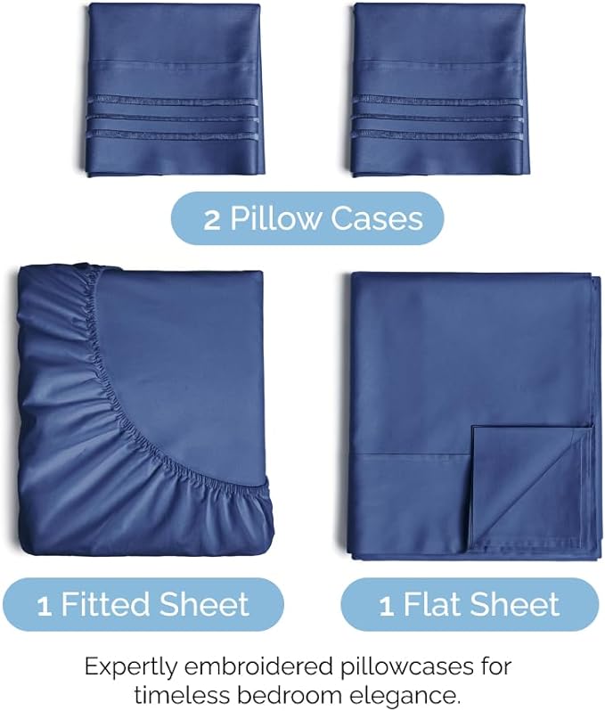 King Size 4 Piece Sheet Set - Comfy Breathable & Cooling Sheets - Hotel Luxury Bed Sheets for Women & Men - Deep Pockets, Easy-Fit, Extra Soft & Wrinkle Free Sheets - Navy Blue Oeko-Tex Bed Sheet Set - LeafyLoom