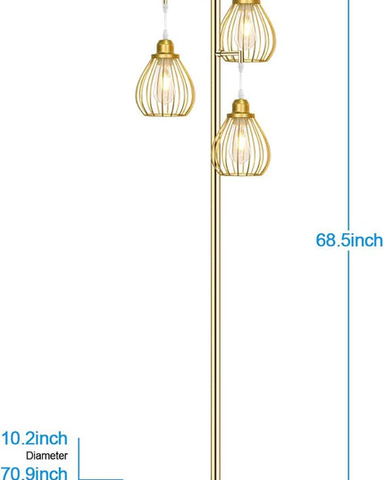 Lakumu Industrial Floor Lamp for Living Room, Golden Farmhouse Floor Lamp with 3 Elegant Teardrop Cage Heads & ST58 Edison LED Bulbs, Sturdy Base Tall Vintage Pole Light, Rustic Floor Lamp for Bedroom - LeafyLoom