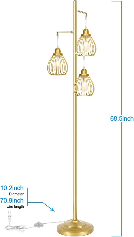 Lakumu Industrial Floor Lamp for Living Room, Golden Farmhouse Floor Lamp with 3 Elegant Teardrop Cage Heads & ST58 Edison LED Bulbs, Sturdy Base Tall Vintage Pole Light, Rustic Floor Lamp for Bedroom - LeafyLoom