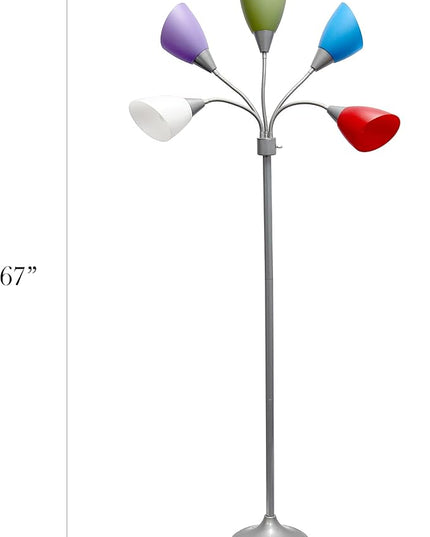 Simple Designs LF2006-SDM 67" Contemporary Multi Head Medusa 5 Light Adjustable Gooseneck Silver Floor Lamp with Primary Dark Multicolored Shades for Kids Bedroom Playroom Living Room Office - LeafyLoom