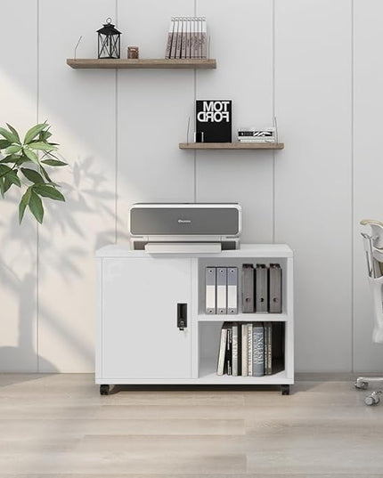 Metal Mobile Lateral File Cabinet, Storage Locker,Printer Stand with Open Storage Shelves for Office,School,Home,Living Room. (White) - LeafyLoom