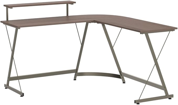 SHW Vista L-Shape Desk with Monitor Stand, Cherry - LeafyLoom
